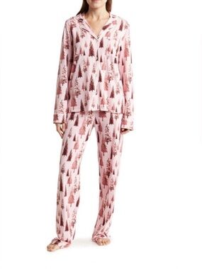 PJ Salvage Pink Tree-Print Long Sleeve Pajama Set. Size XL